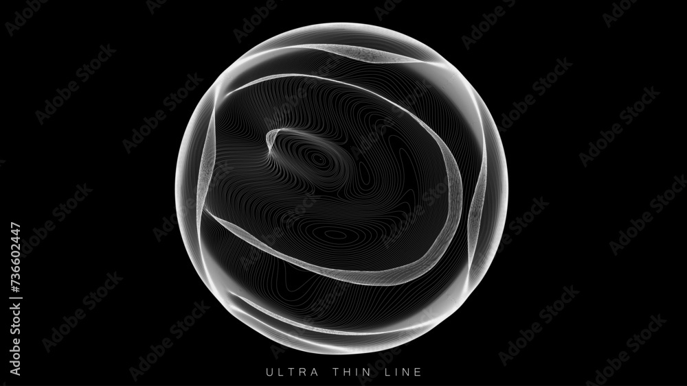 Poster ultra thin line fluid geometry. dynamic vector distorted spheres.