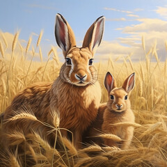 Two hare in the wheat field with blue sky background, 3d render.  Easter concept.