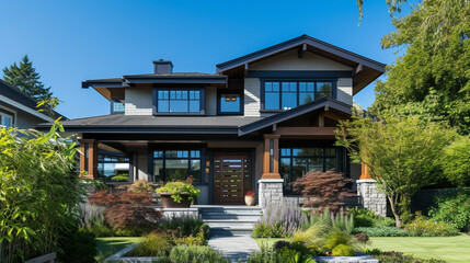 Fototapeta na wymiar A high-definition image capturing the elegance of a Modern Suburban Craftsman Style House, surrounded by lush greenery, under a clear blue sky.