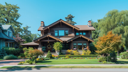 A high-definition image capturing the elegance of a Modern Suburban Craftsman Style House, surrounded by lush greenery, under a clear blue sky.