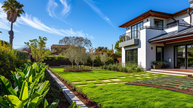 A meticulously shot HD picture, presenting a Modern Suburban Craftsman House from a side angle, featuring a charming pathway and a refined garden boundary under the clear sky.