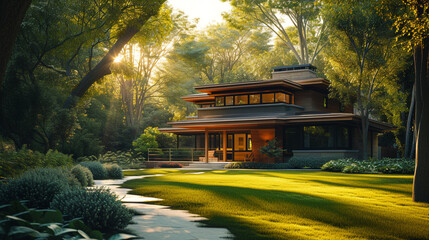 A serene side angle view of a Modern Suburban Craftsman Style House, bathed in warm sunlight, with...