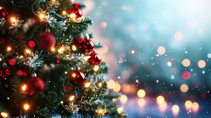 Fototapeta na wymiar Close Up of Christmas Tree with Background Lights