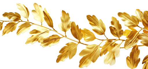Gold branch leaves isolated on white transparent background. flat lay, top view, png - obrazy, fototapety, plakaty