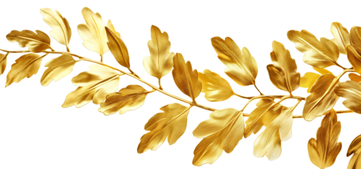 Gold branch leaves isolated on white transparent background. flat lay, top view, png