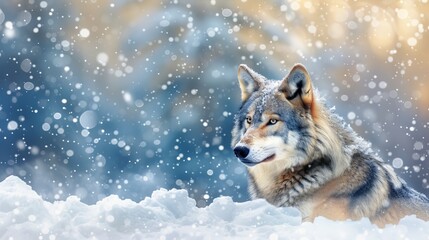 Majestic wolf standing in snowy winter forest with blurred background, wild animal in nature