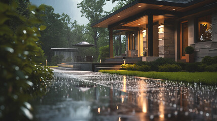 A side view of a Modern Suburban Craftsman Style House during a thunderstorm, raindrops creating...