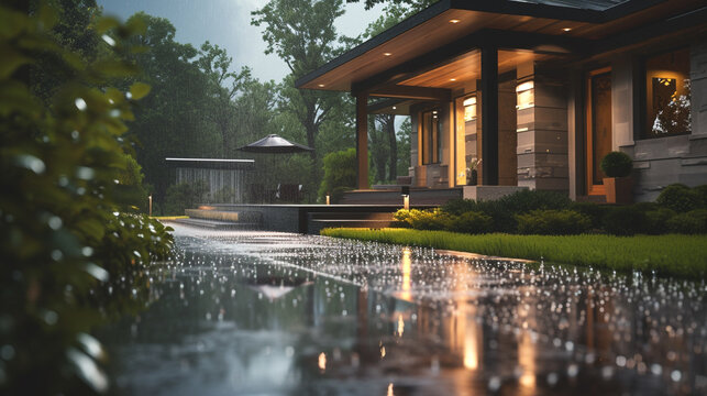 A side view of a Modern Suburban Craftsman Style House during a thunderstorm, raindrops creating captivating patterns on the pathway, showcasing the beauty of nature's elements.