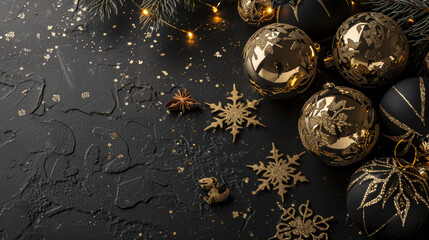 Black and Gold Christmas Background with Ornaments