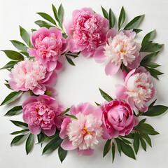 Flat lay spring floral composition. Top view wreath made of peonies flowers on white background