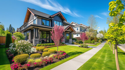 An HD image showing a side view of a Modern Suburban Craftsman Style House during a vibrant spring morning. The pathway is surrounded by blooming flowers, adding a splash of color to the scene.