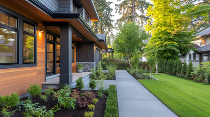 Fototapeta na wymiar An inviting image of a Modern Suburban Craftsman House seen from the side, the HD clarity highlighting the carefully laid pathway and the simple yet elegant garden border.