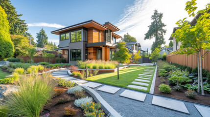 An inviting image of a Modern Suburban Craftsman House seen from the side, the HD clarity highlighting the carefully laid pathway and the simple yet elegant garden border.