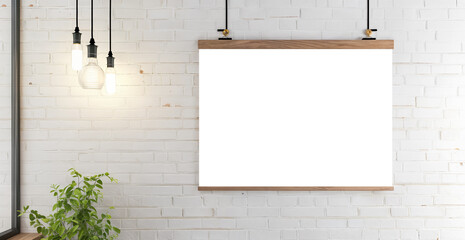 Blank white poster hanging on brick wall. transparent template frame mock-up with shadow, png. Empty frame. Poster layout.	
