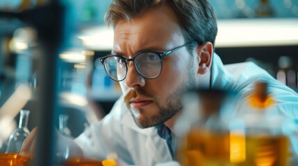 A concentrated male scientist examines a chemical solution in a flask within a high-tech laboratory setting - obrazy, fototapety, plakaty