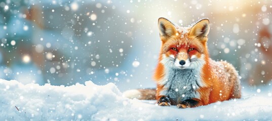 Vibrant red fox in snowy forest with blurred background, wildlife animal in nature with copy space.