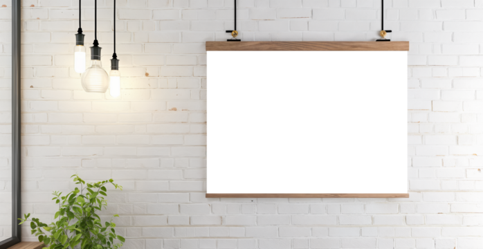 Blank white poster hanging on brick wall. transparent template frame mock-up with shadow, png. Empty frame. Poster layout.	