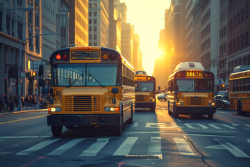 In process of picking up all students in New York City, multiple school buses are passing through AI Generative - obrazy, fototapety, plakaty