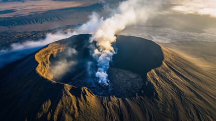 Aerial shot of smoldering volcanic crater in southeast Asia
