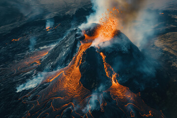 Aerial view of massive volcano eruption with magma flowing down the slope - obrazy, fototapety, plakaty
