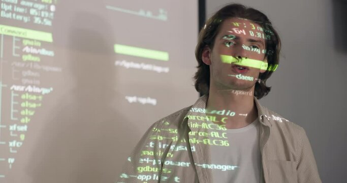 Man, presentation and coding for software in office with solution for web 3.0 development. Programmer, projector and speaker with person talking for feedback, show and teaching by board at workshop