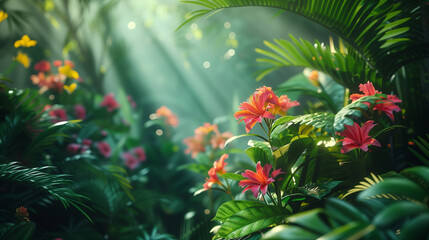 The lush greenery and exotic flowers in a tropical rainforest, Sunbeams break through the canopy, casting a heavenly glow on the vivid tropical flowers and lush foliage of a dense rainforest. - obrazy, fototapety, plakaty