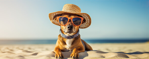 Funny dog with sunglasses and hat on the summer beach. copy space for your text.