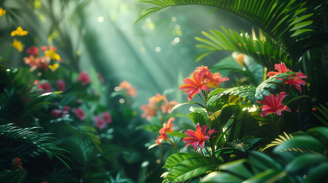 Fototapeta The lush greenery and exotic flowers in a tropical rainforest, Sunbeams break through the canopy, casting a heavenly glow on the vivid tropical flowers and lush foliage of a dense rainforest.