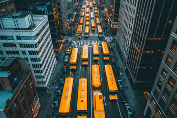 Multiple school buses are on their way to New York City to pick up students AI Generative - obrazy, fototapety, plakaty
