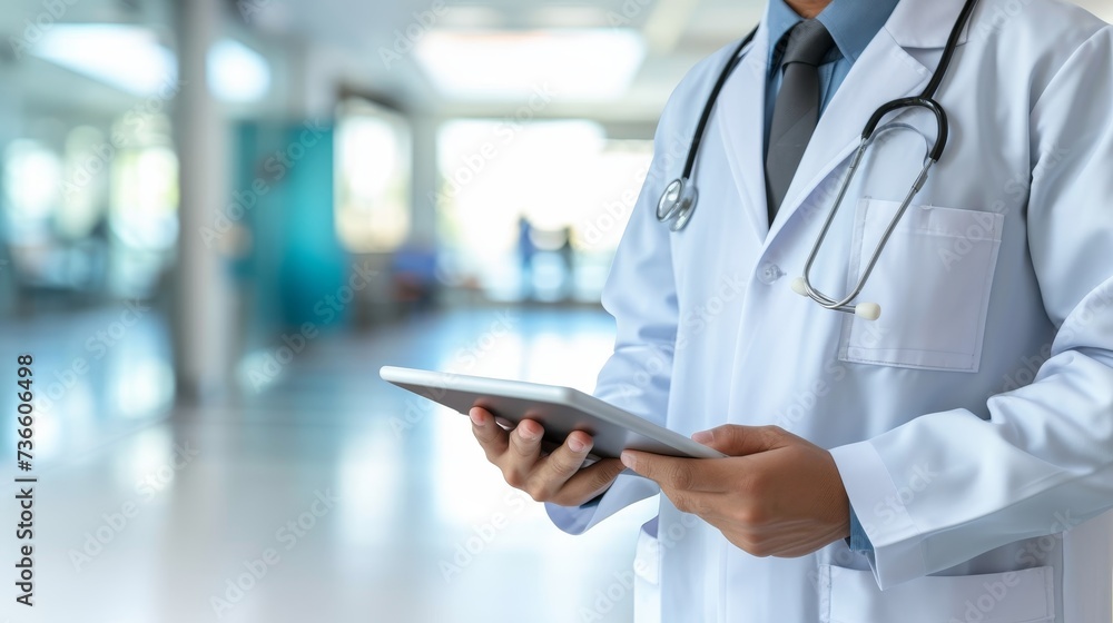 Poster doctor using tablet to interact with virtual screen, bright white background with copy space