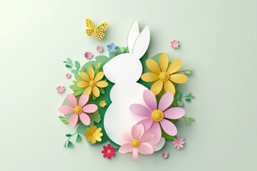 Fototapeta na wymiar Paper Cut Bunny Surrounded by Flowers and Butterflies