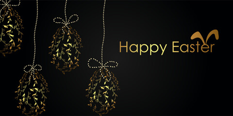 Vector illustration. Festive Easter background with copy space for text. Background with 3D realistic objects, Easter decor: Easter gold eggs, gold and white floral print.