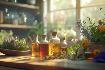 Bottles of aromatherapy essential oils and herbal tinctures on a table in a kitchen