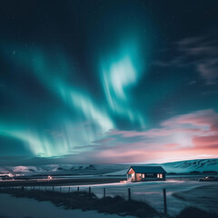 Majestic Aurora Borealis Over Snowy Landscape with Cozy Cabin