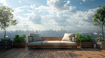 a wooden deck with a couch and a planter on it and a city in the background - obrazy, fototapety, plakaty