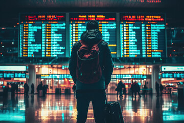 Man with Backpack at Airport - obrazy, fototapety, plakaty
