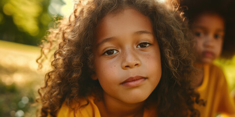 A close up photograph of a child with curly hair. This image can be used for various purposes