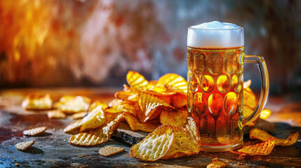 A glass of beer and a plate of chips on a table. Perfect for casual dining or social gatherings