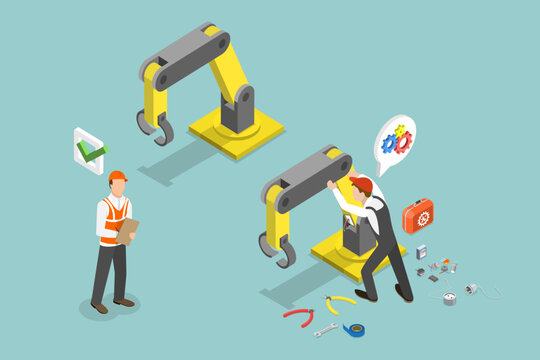 3D Isometric Flat Vector Illustration of Machine Engineer, Fixing an Assembly Line with Robotic Arms