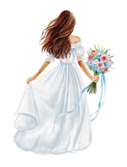 Girl woman with long brown hair in a long white dress with a bouquet of flowers, rear view. Watercolor illustration