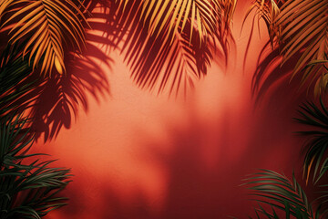 Fototapeta na wymiar Palm tree shadow cast on a vibrant red wall. Perfect for adding a touch of tropical beauty to any space