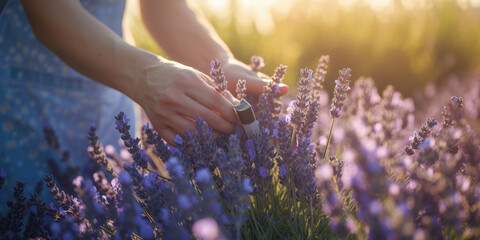 A woman in a blue dress picking lavender flowers. Perfect for nature and gardening themes - obrazy, fototapety, plakaty