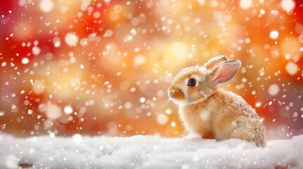 Charming hare in snowy forest, wildlife animal in natural habitat with blurred background.
