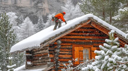 Winter roof snow removal  clearing the house roof from snow on a cold winter day