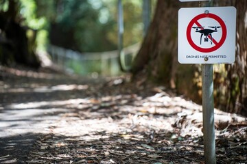 no drones sign in a national park on a path in tasmania australia. no flying sign