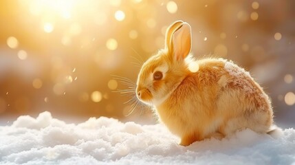 Adorable hare in snowy winter forest, cute animal in natural habitat on blurred background