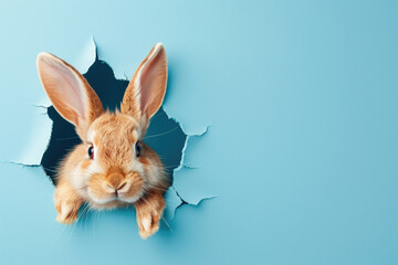 A rabbit can be seen peeking out of a hole in a wall. This image can be used to depict curiosity, exploration, or unexpected surprises