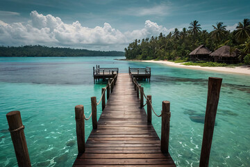 Wooden pier on tropical island with turquoise water and blue sky. Generative AI - obrazy, fototapety, plakaty