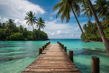 Wooden pier on tropical island with turquoise water and blue sky. Generative AI