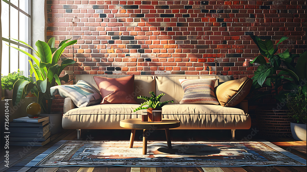 Wall mural a living room with a couch, table and pillows on it's side and a brick wall behind it - Wall murals